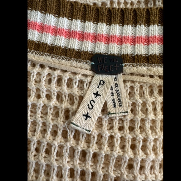 WE THE FREE People Varsity Sweater Open Knit VNeck Stripe Ivory Cream Pink Brown - Picture 8 of 11